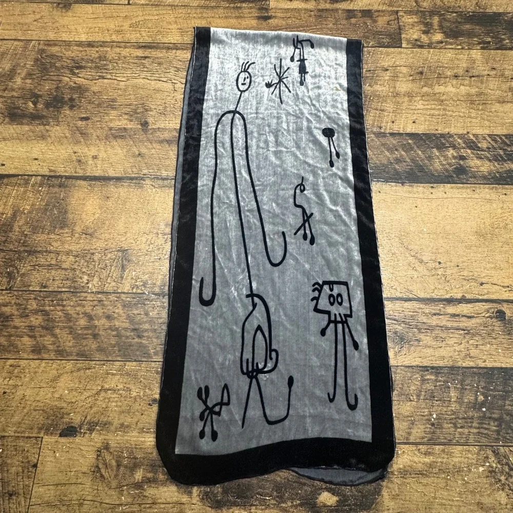 Joan Miro Unique Black and Grey‎ Abstract Figure Velour Scarf Shawl